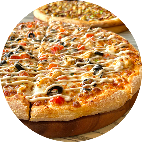 A pizza with various toppings is displayed on a wooden board.