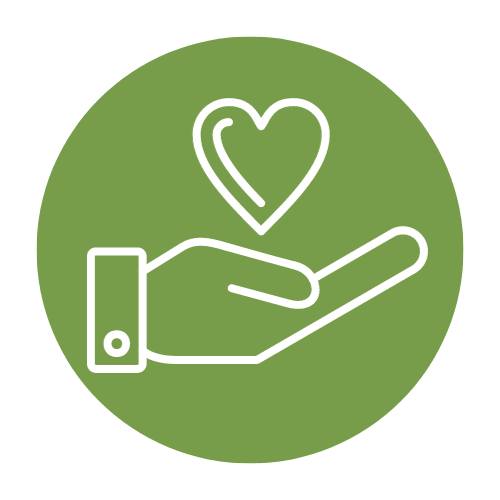 A hand holding a heart symbol.