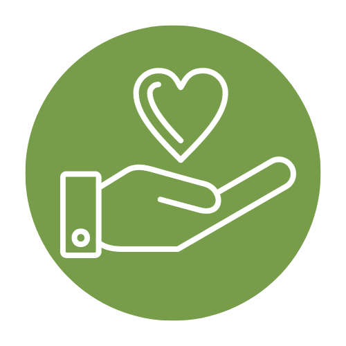 a hand holding a heart icon on a green circle
