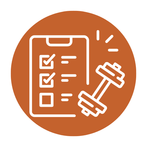 A clipboard with a checklist and a dumbbell.