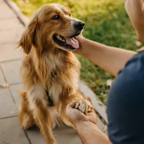 a person petting a dog on the ground