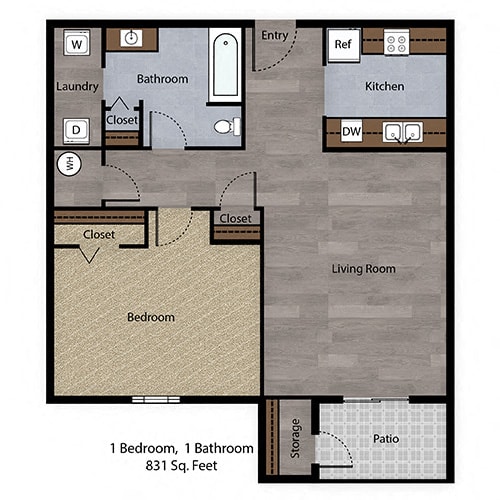  Floor Plan 1 Bedroom, 1 Bathroom - 831 SF