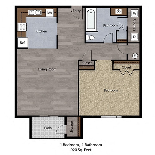 Floor Plan 1 Bedroom, 1 Bathroom - 920 SF