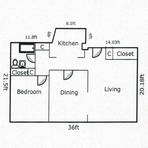  Floor Plan 1 Bed, 1 Bath - Dining Room