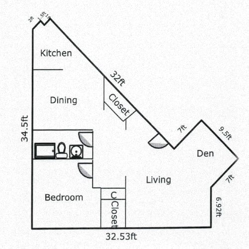  Floor Plan 1 Bed, 1 Bath - Dining Room, Den