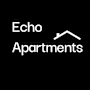 A black and white image of a house with the words "Echo Apartments" written above it.