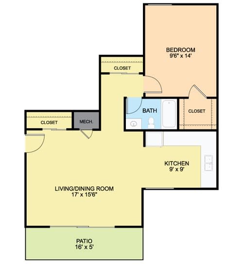 Floor Plan  542 Square-Foot 1 Bedroom Floor Plan at River Pointe Apartments, ZPM, Fort Washington, MD, 20744