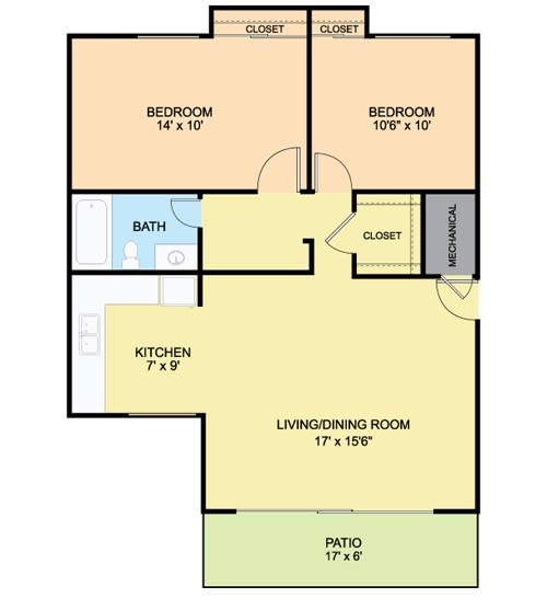 652 Square-Foot 2 Bedroom Floor Plan at River Pointe Apartments, ZPM, Fort Washington, MD