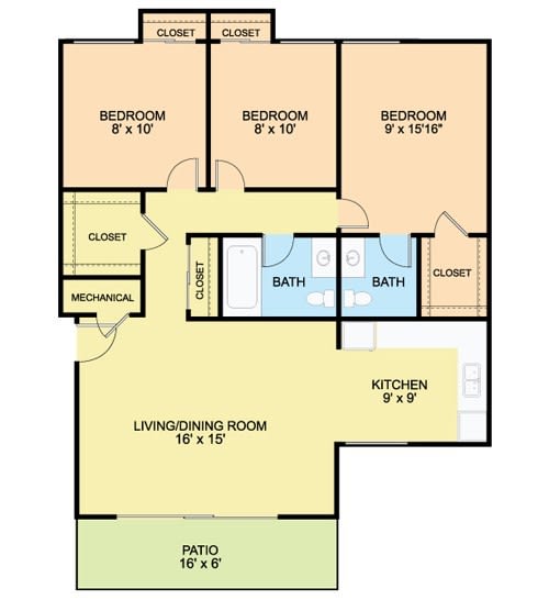 762 Square-Foot 3 Bedroom Floor Plan at River Pointe Apartments, ZPM, Fort Washington, 20744