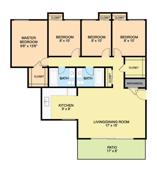 827 Square-Foot 4 Bedroom Floor Plan at River Pointe Apartments, ZPM, Fort Washington, Maryland