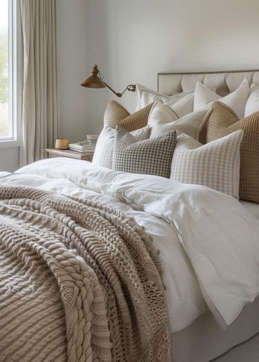 A bed with a white comforter and a brown blanket at Crogman School Lofts in Atlanta, 30315