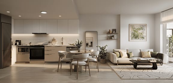 A modern kitchen with a dining area and a living room.