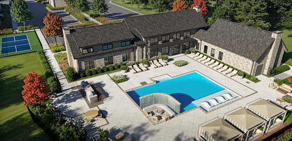 Top view of pool and outdoor living space at Wrenley Luxury Apartment Homes, Newnan, 30265