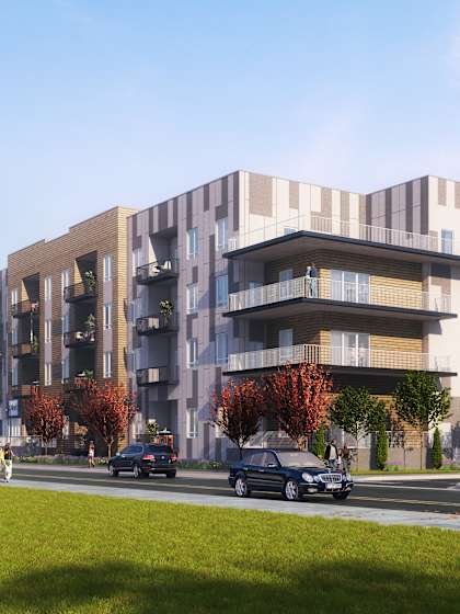 a rendering of an apartment building on a city street at Copestone, ID 83714