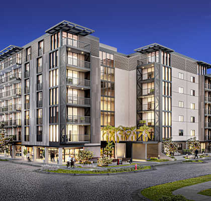a rendering of an apartment building on a city street