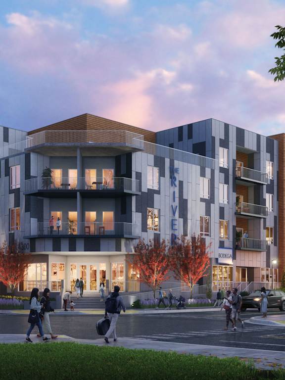 a rendering of an apartment building on a city street at Copestone, Garden City, ID