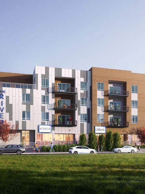 a rendering of an apartment building on a city street at Copestone, Garden City, 83714