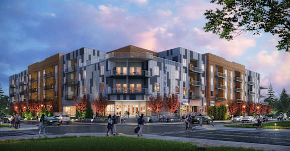a rendering of an apartment building on a city street at Copestone, ID 83714