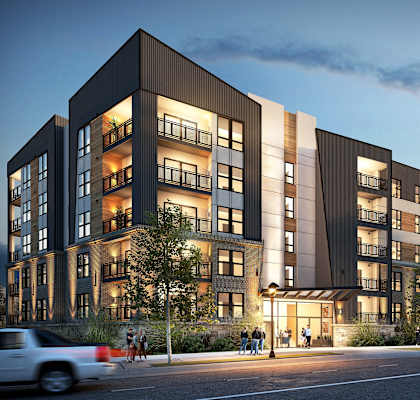 a rendering of an apartment building on a city street