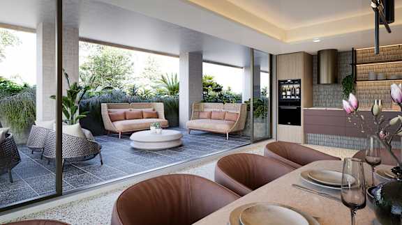 A modern living room with a dining table set for two.