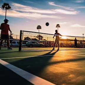 A group of people playing tennis on a court during sunset.