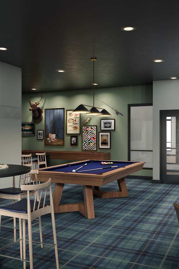 A room with a pool table and a television showing a soccer game.