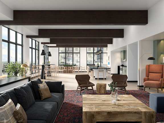 A modern living room with a large window overlooking the city.