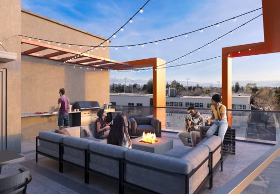 a rendering of a rooftop patio with a fire pit and people sitting around it