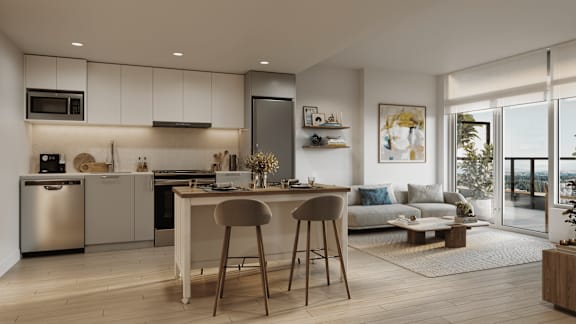 A modern kitchen with a dining area and a view of the outdoors.