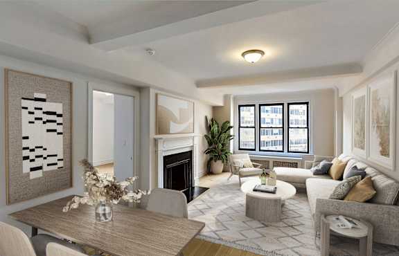 A modern living room with a fireplace and a large painting on the wall. at Sutton Collection Apartments, New York, 10022