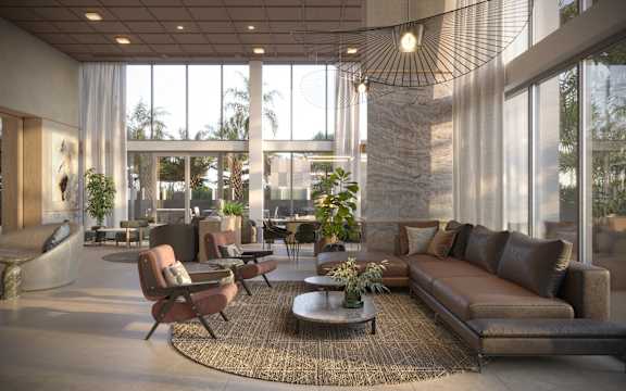 A modern living room with brown leather sofas and a large window.