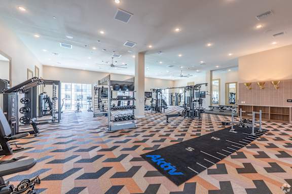 A gym with a variety of equipment and a patterned floor.