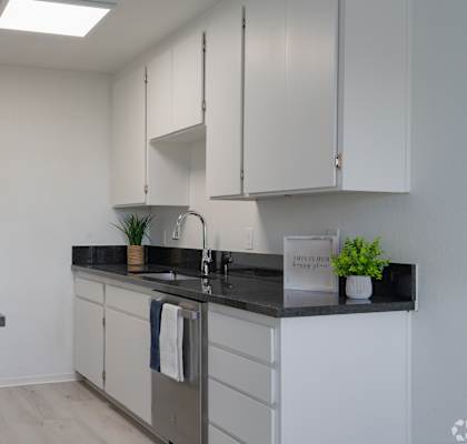 A kitchen with white cabinets and a black countertop.