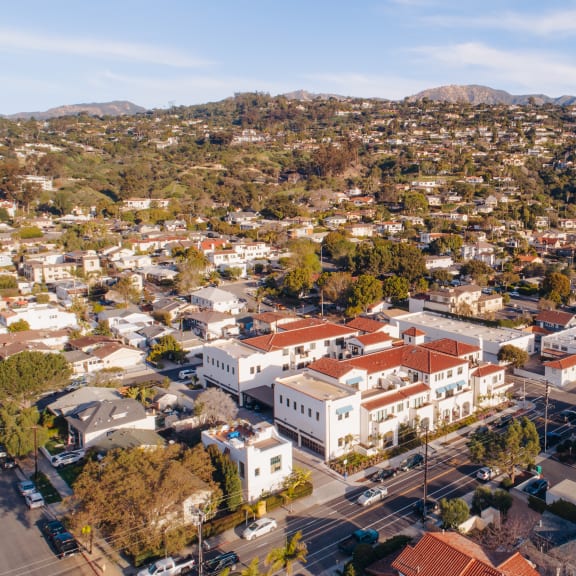 Drone shot of Plaza Riviera facing Canon Perdido and view of the Riviera at Plaza Riviera, Santa Barbara, CA, 93103