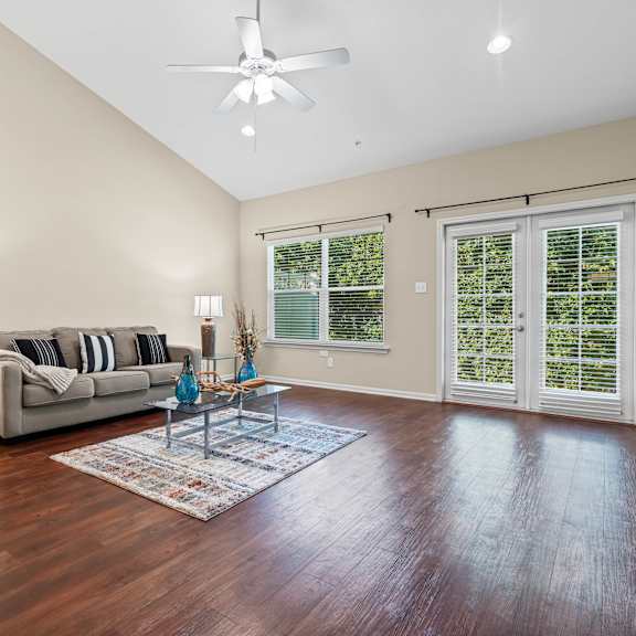A living room with a couch, a coffee table, and a rug.