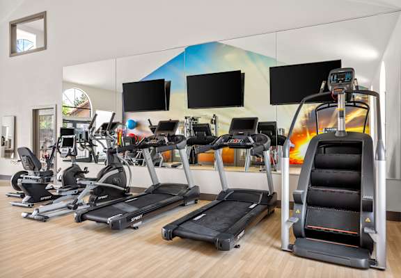 A gym with treadmills and exercise bikes.