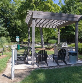 a picnic area with a wooden pavilion and benches