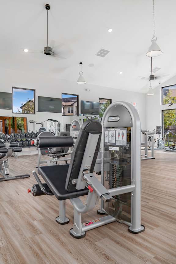 A spacious gym with treadmills, elliptical machines, and a television at Waterleaf at Neely Ferry Apartments, Simpsonville, SC 29680
