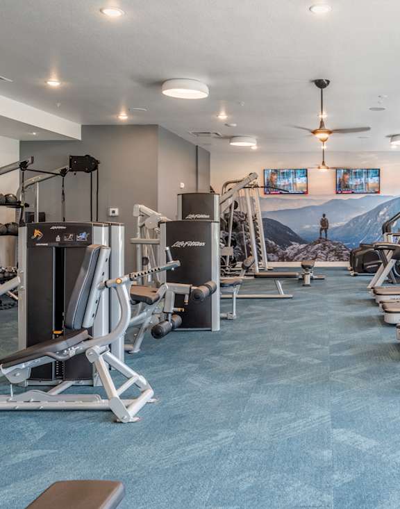 a gym with cardio equipment and windows with a mountain view