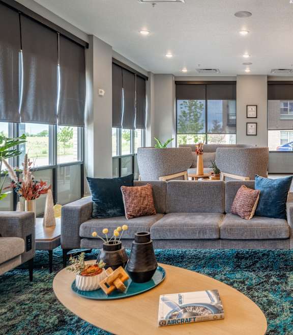 A living room with a grey couch and a blue coffee table.