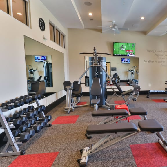 a gym with weights and cardio equipment and a tv