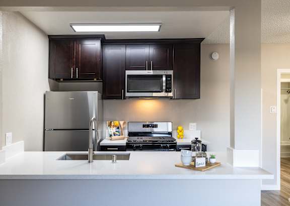 a kitchen with black cabinets and stainless steel appliances and a white counter top