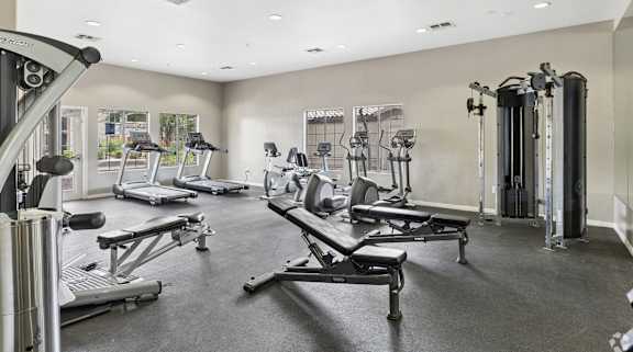 A gym with a variety of equipment including treadmills, weights, and benches.