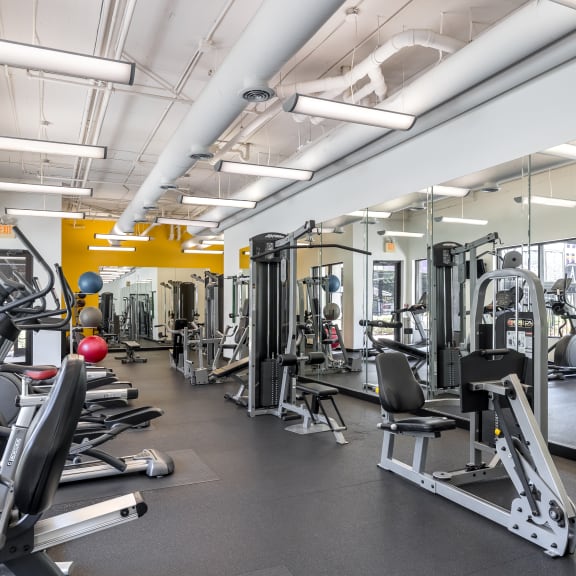 a gym with cardio equipment and weights on the floor