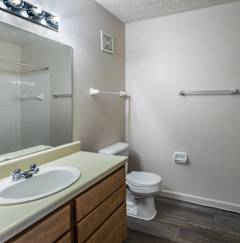 A bathroom with a toilet, sink, and mirror.