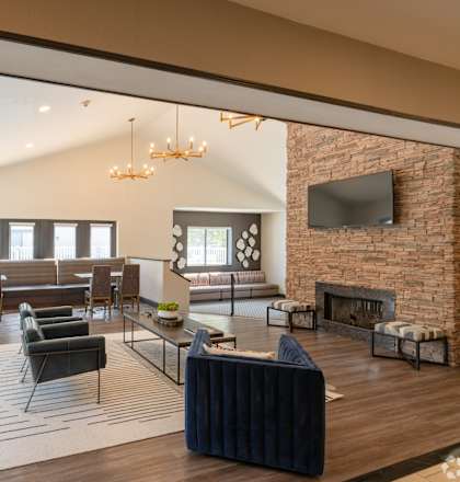 A living room with a fireplace and a television.