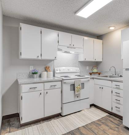 A white kitchen with a refrigerator, sink, and cabinets.