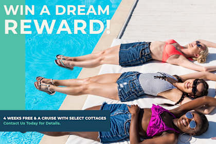 Three women sunbathing by a pool with a text overlay offering a dream reward.