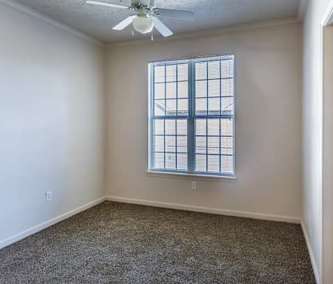 A room with a ceiling fan and a window with blinds.