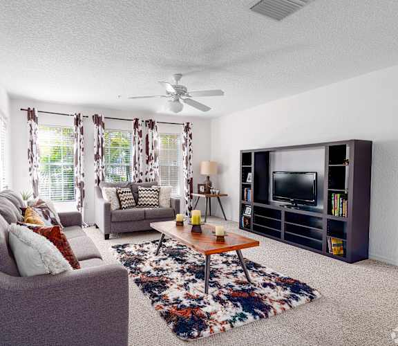 A living room with a grey couch, a rug, a coffee table, a television, and a fan.